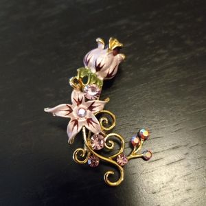 Enameled wonderland garden brooch with AB stones and rhinestones 2".25 x 1.5".